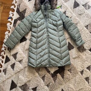 Eddie Bauer Girls Sage Green Quilted Hooded Puffer with Faux Fur Trim